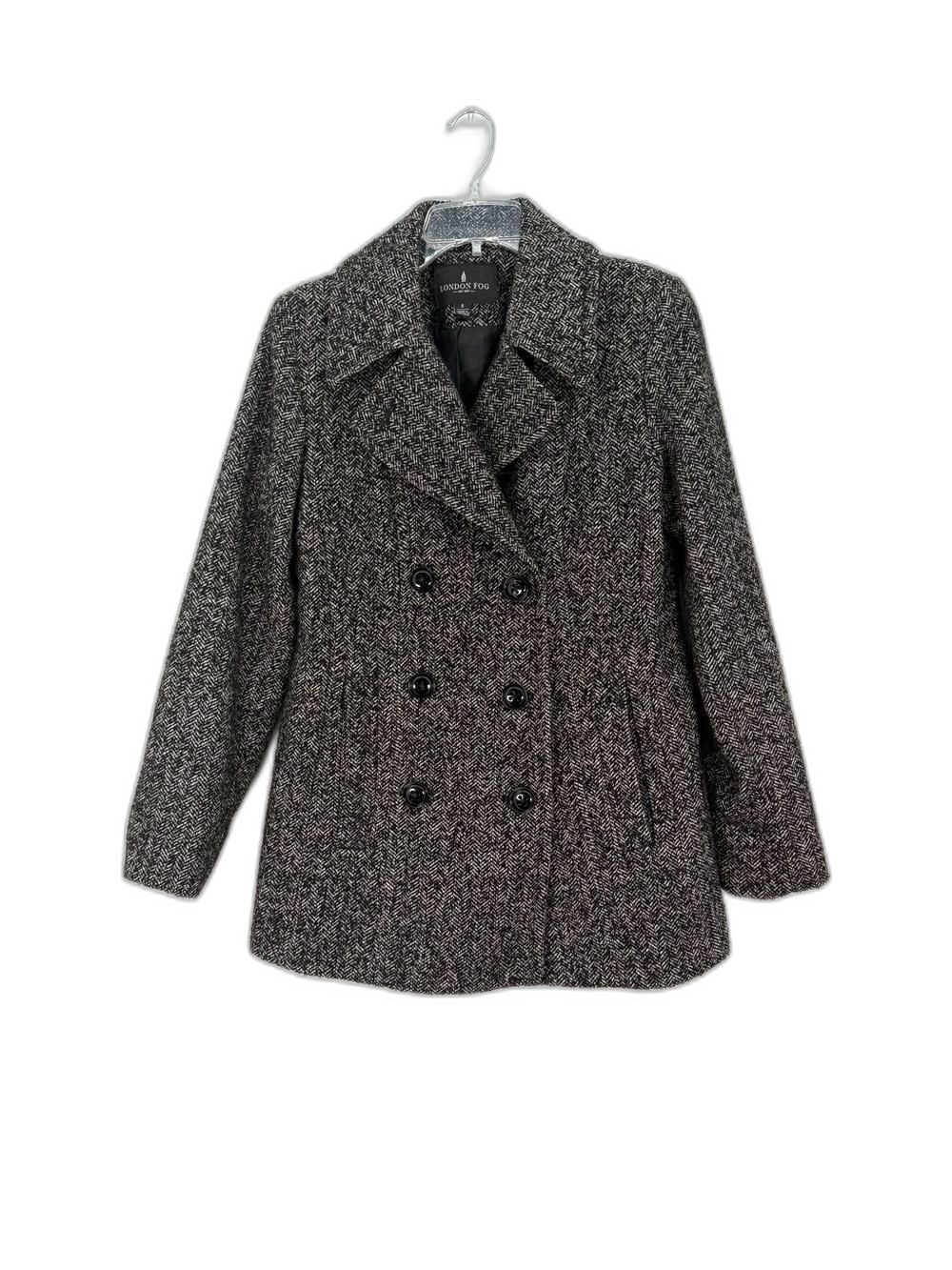 London Fog Women's Blk & Gray Herringbone Tweed Double-Breasted Pea Coat